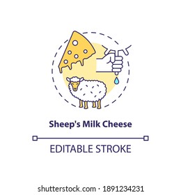 Sheep milk cheese concept icon. Farm production. Lactose product. Ranch cattle milking. Dairy industry idea thin line illustration. Vector isolated outline RGB color drawing. Editable stroke