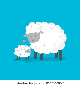 A sheep mom and a lamb stand together. Vector flat illustration.