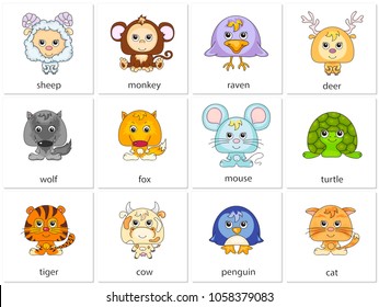 Sheep, monkey, raven, deer, wolf, fox, mouse, turtle, tiger, cow, penguin, cat. Illustration for kids