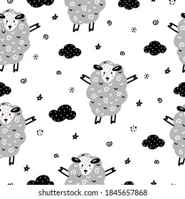 Sheep monochrome seamless pattern with clouds and stars in Scandinavian style vector illustration.