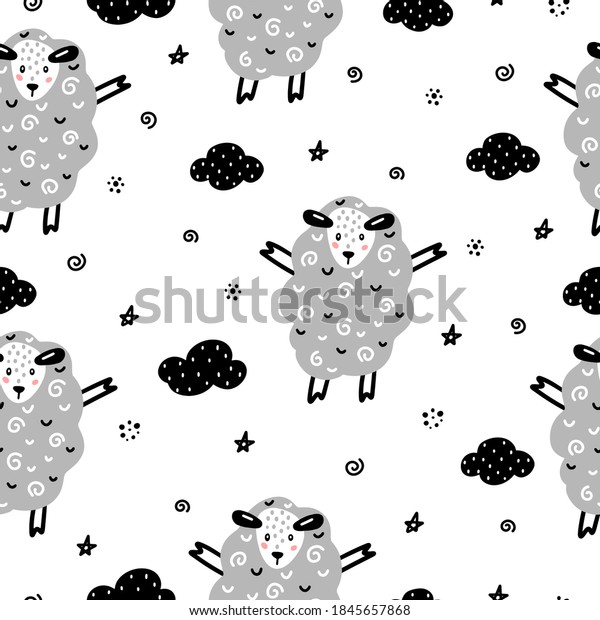 Sheep monochrome seamless\
pattern with clouds and stars in Scandinavian style vector\
illustration.