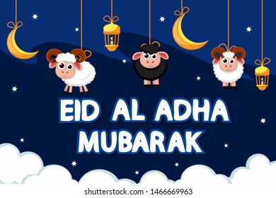 Sheep, month and lantern hanging on a rope in the night sky. The Muslim holiday Eid al-Adha.