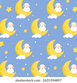 Ovelhas e lua sem costura padrão. Ilustração de animal bonito. Pode ser usado para papel de parede, cartão de saudação, tecido de moda e quarto infantil