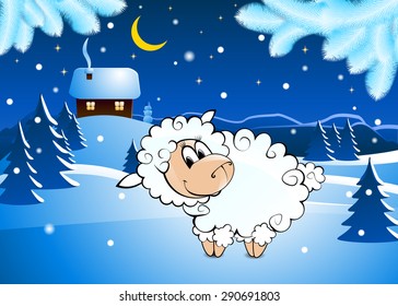 Sheep new year night winter tree house.