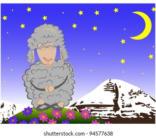 sheep at night meditating on the mountain