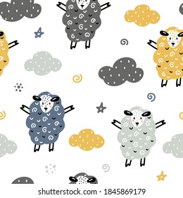 Sheep with night sky elements Scandinavian style seamless pattern vector illustration