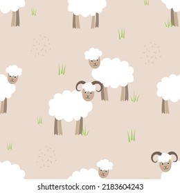 Sheep on a beige background. Seamless vector pattern.
