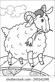 Sheep on the bridge. fluffy Sheep with large horns standing on a wooden bridge and holds flower tulip in the teeth. coloring Page