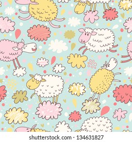 Sheep on clouds - cute cartoon childish seamless pattern in vector. Seamless pattern can be used for wallpaper, pattern fills, web page backgrounds, surface textures.