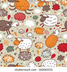 Oveja sobre nubes - lindo dibujo animado infantil sin costuras en vector. 