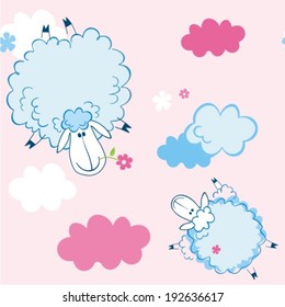Sheep on clouds - cute cartoon childish seamless pattern in vector