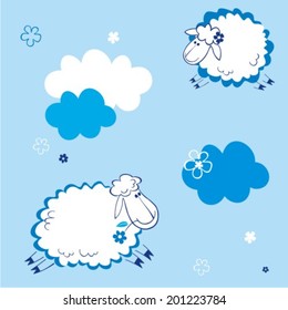 Sheep on clouds - cute cartoon childish pattern in vector 