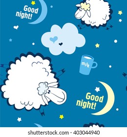 Sheep on clouds, good night! Cute cartoon childish seamless pattern in vector.