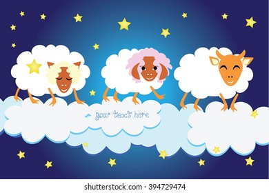 Sheep on clouds  - vector childish illustration about sleep or insomnia. Counting sheep advice as cute childish illustration. Adorable sheep cartoon character, clouds as paper frame for text.