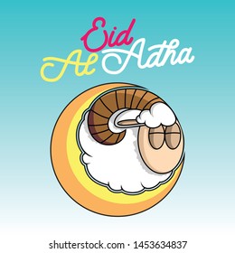Sheep on crescent moon with typography of eid al adha, Eid-Al-Adha celebration. vector - illustration.