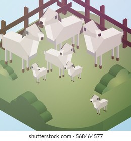 Sheep on a Field Isometric Style - Vector Illustration