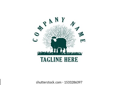 sheep on the front of branch dry tree vector illustration for farming logo or label