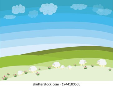Sheep on the green field. Vector illustration. 