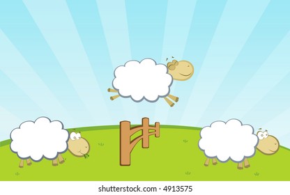 sheep on green grass jumping fence