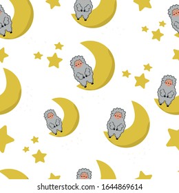 sheep on the moon seamless pattern.Can be used for wallpaper, web page background, surface textures.Vector seamless patterns with cute cartoon characters, sheeps in the Space. Good night, sweet dreams