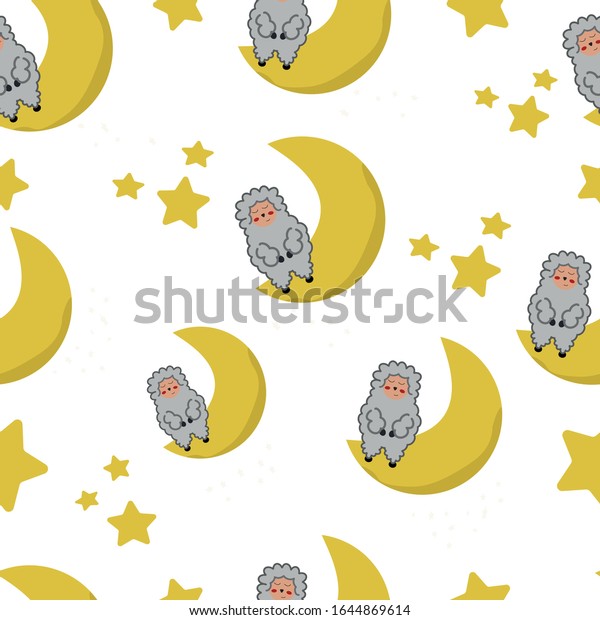 sheep on the moon seamless pattern.Can be used for\
wallpaper, web page background, surface textures.Vector seamless\
patterns with cute cartoon characters, sheeps in the Space. Good\
night, sweet dreams