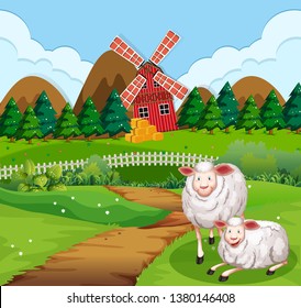 Sheep on a path near a farm illustration