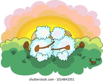 Sheep on romantic date sit on the grass and look at the sun.
Can be used as: illustration, print