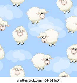 Sheep on sky, Seamless pattern with cute funny herd and cloud. Vector background