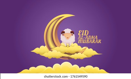 ovejas sobre la nube y la creciente ilustración de la luna para la celebración de eid al adha muslim