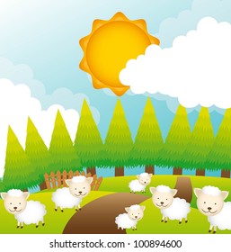 sheep over beautiful landscape, background. vector illustration