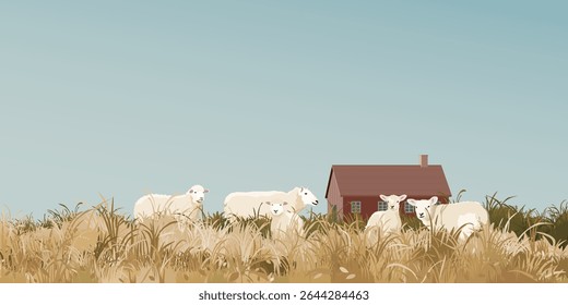 Sheep pack in rural farm landscape in autumn season have barn far away graphic illustration.