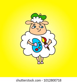 Sheep painter with paints in hands and brush. Vector drawing. Illustration