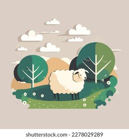 Sheep in a pasture. Domestic or farm yard animals. Flat vector illustration concept