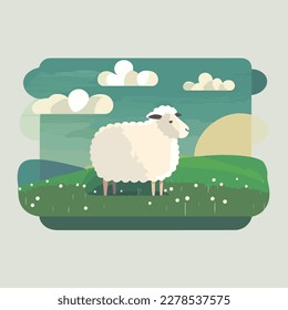 Oveja en un pasto. Animales domésticos o de corral. Concepto de ilustración vectorial plana