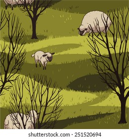 Sheep in the pasture. Hand drawn tile illustration. Ukraine