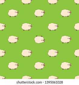 sheep pattern, vector illustration of cute sheeps, cartoon style..Seamless pattern. green backgraund