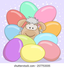 Sheep peeking out from behind the eggs 