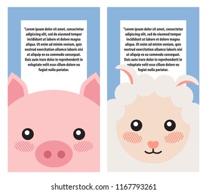 Sheep and pig heads on book covers, posters design place for text vector illustration set of cute animals on blue. Mammal on brochure for kids