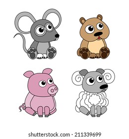 Sheep, pig, mouse, hamster. Set of cartoon isolated objects.
