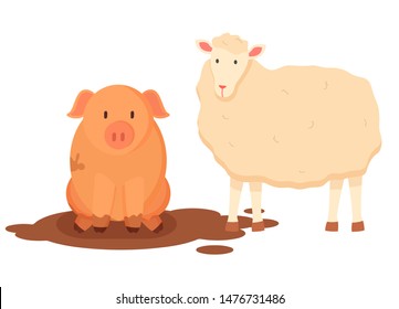 Sheep and pig vector, isolated characters of farm, farming and breeding domestic animals care, piggy sitting in dirt mud on ground, pigsty flat cartoon style. Animals for t-shirt print