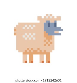 Sheep pixel art icon. Cute lamb flat style character isolated vector illustration. Element design for children's mobile application. Video game sprite.