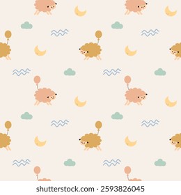 Sheep play balloon cartoon so cute. On moon cloud background. Pattern seamless vector illustration. 