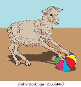 Sheep playing the ball card, hand drawn illustration over a vintage colored background 