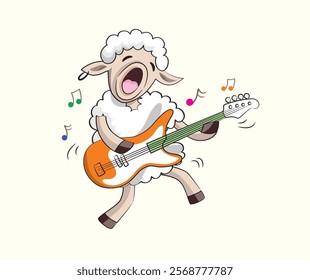 A sheep is playing a bass cheerfully in vector