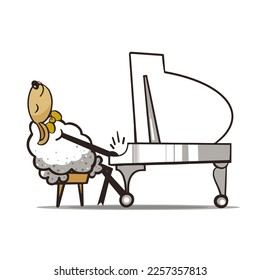 Sheep playing piano. Doodle simple colorful illustration. Vector. Funny animal character on white background.