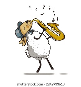 Sheep playing saxophone,  cartoon animal character with musical instrument vector cute Illustration on white background