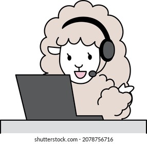 A sheep pointing while looking at a laptop.