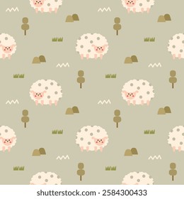 Sheep polka dot cartoon so cute. On tree mountain grass green background. Pattern seamless vector illustration. 
