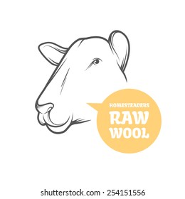 Sheep portrait, isolated vector illustration. Natural raw  wool label with sheep head. 