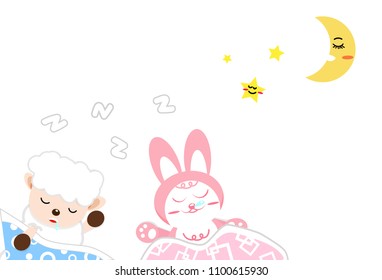 Sheep and rabbit cartoon sleeping among moon and stars, good night sweet dream concept abstract background vector illustration